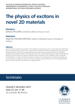 Seminario 2 dicembre - Locandina The physics of excitons in novel 2D materials.png